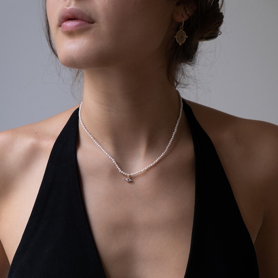 Dainty Pearl Choker: 14k Gold Diamond Evil Eye Necklace