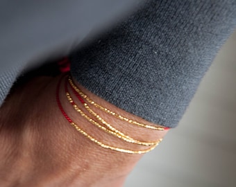 Delicate bracelet gold or silver on red silk, simple cord bracelet, silk bracelet cord, silk string bracelet, gift , silk bracelet for woman