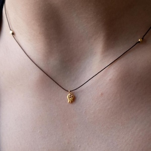 May include: A gold-coloured pendant necklace with a small pomegranate charm. The charm is suspended from a thin, dark cord, with small gold beads. The necklace is worn around the neck.