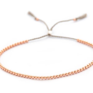 Solid 14k Rose Gold Beaded Friendship Bracelet, delicate bracelet with dainty beads with silk image 2