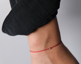 14k Gold Red String bracelet, Beaded Ball Bracelet, silk cord bracelet, simple, friendship bracelet, gold silk bracelet, cord bracelet, gift