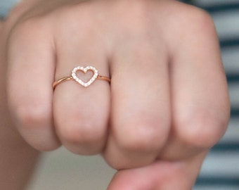 18k solid Rose gold Diamond Heart Ring - pave diamonds - genuine white diamond -stacking ring -Gift for her