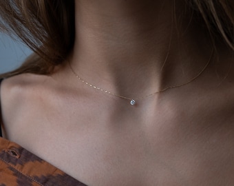 Dainty diamond necklace - floating diamond necklace - 18k solid gold necklace delicate gold necklace - minimalist - gift for her for woman