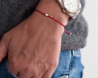 Red String Bracelet with charm, 0.06 ctw. Diamond braided bracelet in 14k solid gold