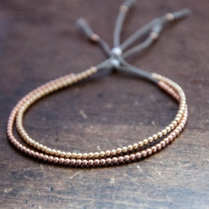 Solid 14k Rose Gold Beaded Friendship Bracelet, delicate bracelet with dainty beads with silk zdjęcie 3