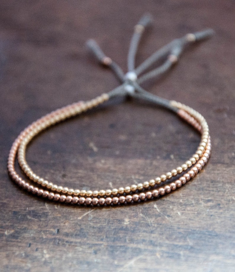 Solid 14k Rose Gold Beaded Friendship Bracelet, delicate bracelet with dainty beads with silk image 3