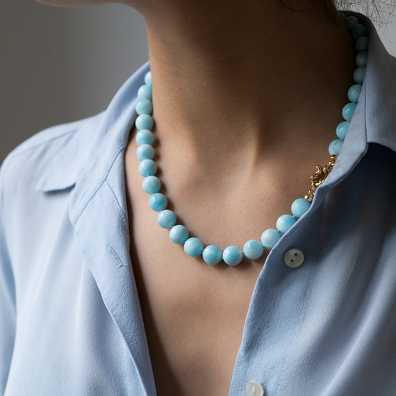 Light blue Hemimorphite necklace 10mm Candy necklace knotted silk cord necklace Statement necklace Genuine Hemimorphite gift for her