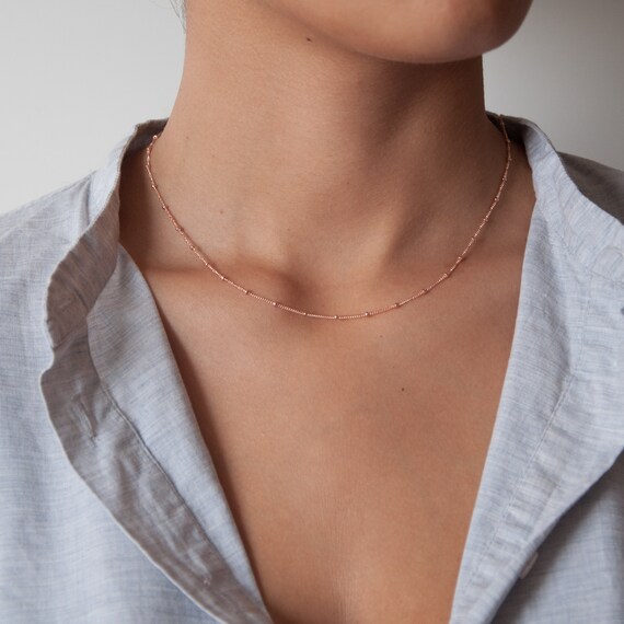 14k Solid Gold Satellite Chain Necklace Simple Dainty Beaded