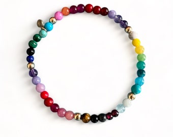 14k Gold Rainbow Gemstone Bracelet: Multi-Colored Elastic Candy Bracelet