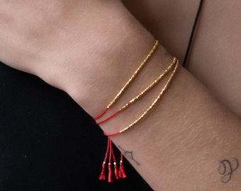 Delicate Silk Bracelet: Gold Bead Tassel, Adjustable Friendship Jewelry