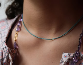 Delicate 14k gold turquoise necklace  - genuine turquoise -heishi beads - beaded necklace - turquoise choker necklace