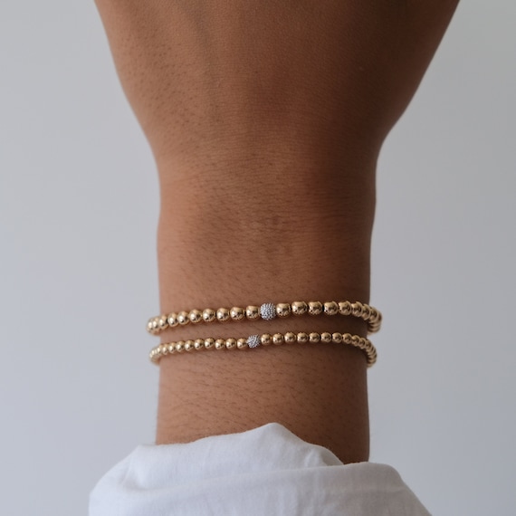 14K Gold Plated Bead Ball Bracelets Stretchable Gold Beaded Bracelets for  Women | eBay