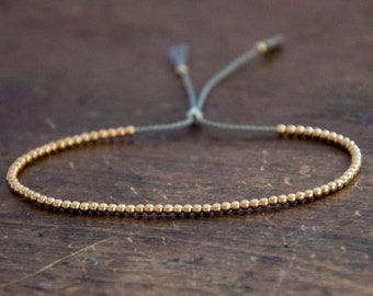 Solid 14k Yellow Gold Beaded Friendship Bracelet, delicate bracelet with dainty beads with silk