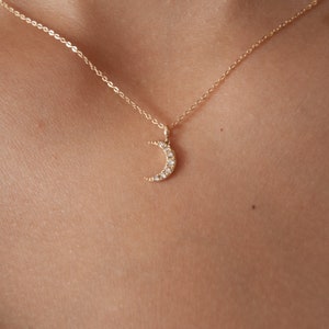 14k Gold crescent moon necklace with diamonds, 14k gold necklace, celestial charm,  gifts for her, solid gold moon, dainty diamond necklace