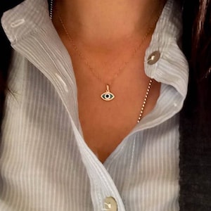 Diamond Evil Eye pendant necklace, pave diamond charm, 14k solid gold, 14k gold pendant, Evil Eye amulet, good luck charm, gift for her