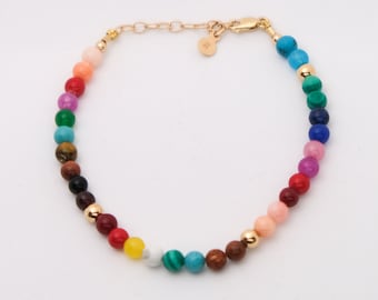 Rainbow Gemstone Bracelet: 14k Solid Gold, Multi-Colored Beads