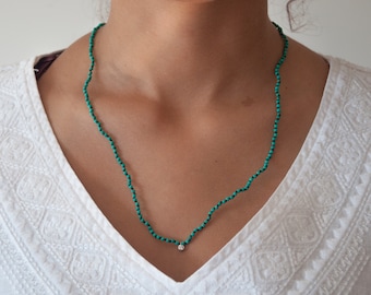 Hand knotted boho necklace with turquoise beads and 14k solid gold diamond charm