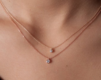 14k gold diamond solitaire necklace - single diamond necklace - delicate 14k gold chain - diamond charm