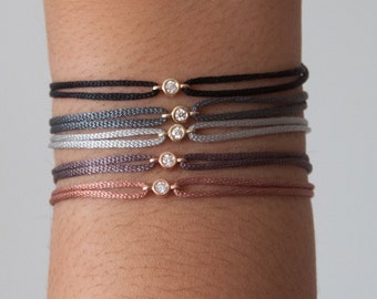 14k Delicate Diamond solitaire bracelet - Gold silk cord bracelet, stacking bracelets, wedding jewelry