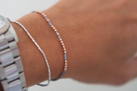 14k Solid Rose Gold Beaded Silk Cord Friendship Bracelet