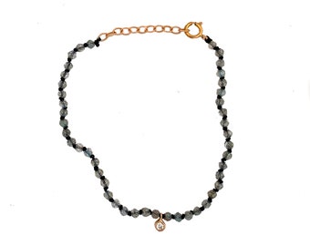 14k gold Labradorite beaded bracelet, diamond charm bracelet, gemstone bracelet with diamond dangle, 14k solid gold, knotted bracelet