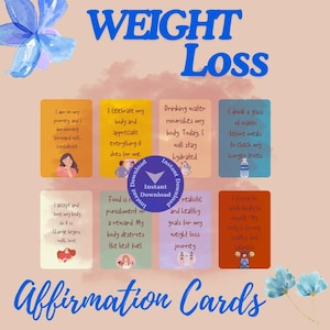 May include: Eight affirmation cards with colourful backgrounds and illustrations. The cards feature positive messages about weight loss, self-love, and healthy habits. The text on the cards includes phrases like "I am on my journey", "I celebrate my body", "Drinking water nourishes my body", "I drink a glass of water before meals", "I accept and love my body", "Food is not punishment", "I choose to eat healthily", and "I set realistic and healthy goals".