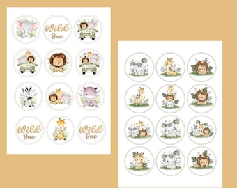 May include: Two sheets of circular stickers featuring watercolor illustrations of jungle animals including lions, giraffes, elephants, zebras, and hippos. Some stickers include the text Wild One in a gold script font and green safari vehicles.