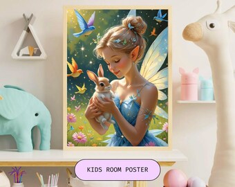 Hada y conejito en un jardín encantado, arte de pared mágico para habitación infantil (JPG digital)