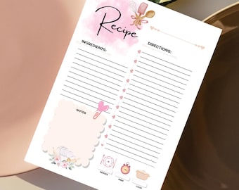 Tarjeta de recetas rosa imprimible – Hoja de recetas de cocina floral – Descarga PNG + PDF - Digital