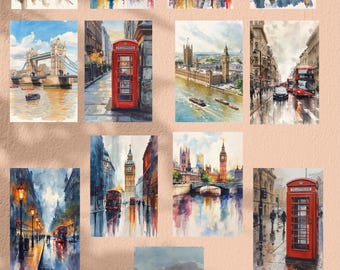 London Watercolor Art Prints | UK Cityscape Set of 13 (Digital Download)