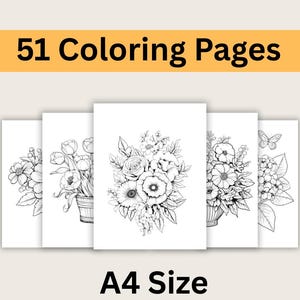 51 Flower Coloring Pages for Adults – Floral Printable PDF, Botanical Line Art, Digital Download