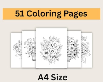51 Flower Coloring Pages for Adults – Floral Printable PDF, Botanical Line Art, Digital Download