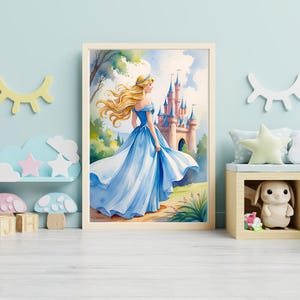 Muurkunst prinses | Sprookjeskasteel afdrukbaar | Blauwe jurk meisje| Digitale download | Magische kinderkamer- of meisjeskamerdecoratie