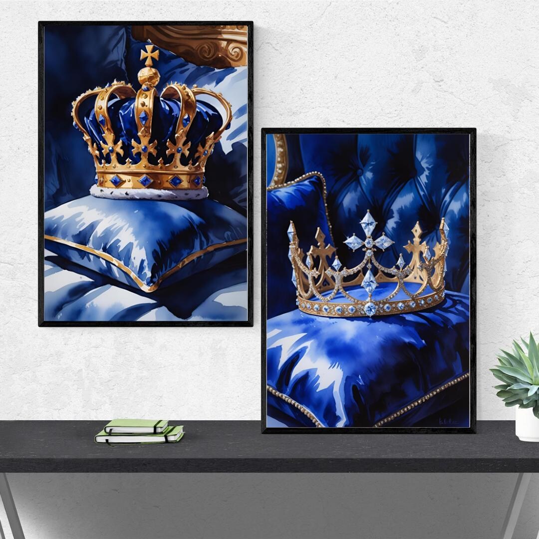 Royal Crown Wall Art Set: King & Queen Blue Velvet Prints (digital ...