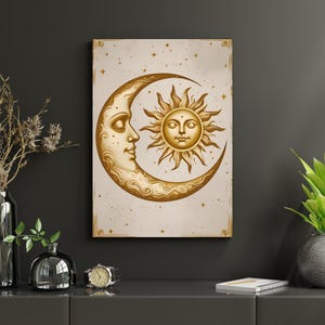 Gold Sun and Moon Line Art Print: Celestial Boho Decor (Digital Download A2/60x90cm)