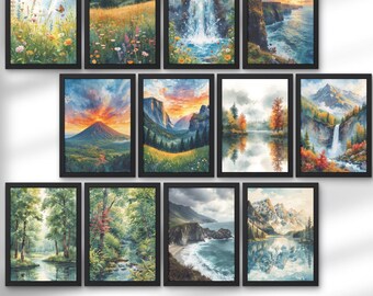 12 Aquarell Landschaft Poster druckbare Wandkunst Set - Natur Galeriewand Digitaler Download