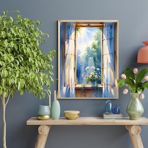 Watercolor Window Art Print: Sunlight & Flowers (Digital Download)