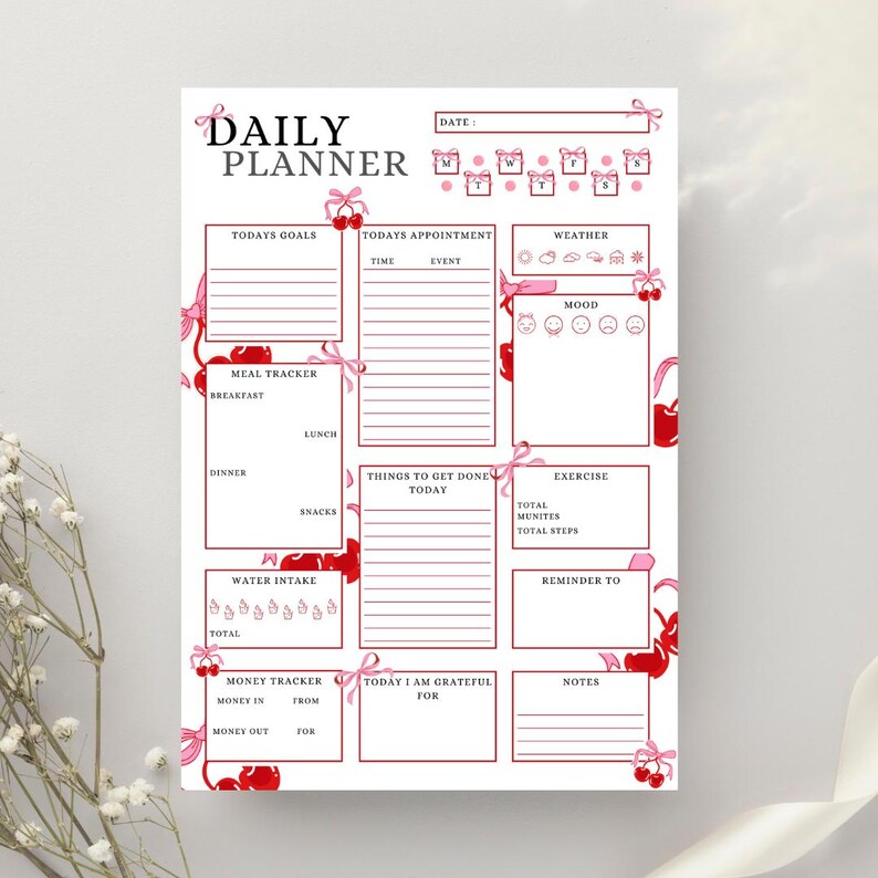 Timetable Bows Notes Pink Cherry Bow Daily Planner Printable | Goal Tracker (digital ...