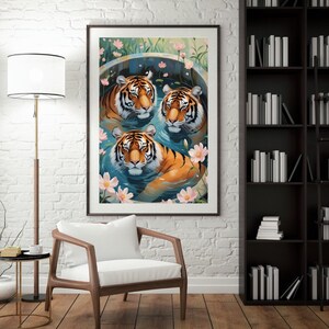 Three Tigers in Bloom – Digital Wall Art