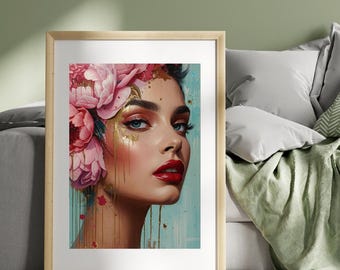 Floral Woman Portrait Wall Art Printable, Modern Feminine Art Print, Digital Download PDF