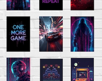 Cyberpunk Gaming Wall Art Bundle Set of 9 Printable Posters | Neon Gamer Room Decor | Retro Arcade Digital Download