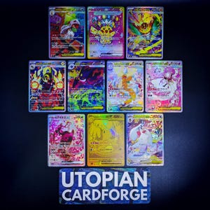 May include: Ten holographic trading cards with vibrant character illustrations and Japanese text. The cards are arranged on a dark surface. The image includes a blue and white rectangular design at the bottom with the text "UTOPIAN CARDFORGE".