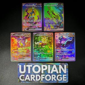 May include: Five holographic trading cards featuring various creatures and vibrant backgrounds. The cards include text such as "Iron Crown," "Iron Leaves," "Raging Bolt," "Gouging Fire," and "Walking Wake." A sign at the bottom reads "UTOPIAN CARDFORGE."