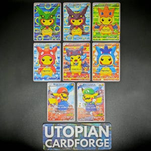 Lot de 8 cartes Pikachu portant un poncho • Proxy/Orica fait main • Inspiré de la Pikachubox des promotions XY 2016 • Avec holographie et texture Starfoil