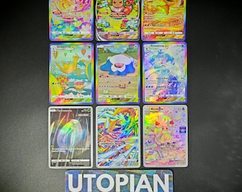 Pocket TCG Rainbow Rare • Proxy/Orica hecho a mano • Paquete de 9 cartas Proxies • Sylveon, Snorlax, Primarina, Eevee, Flareon, Dragonite • Texturizado