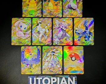 Paquete de 10 cartas raras doradas de bolsillo TCG • Proxy/Orica hecho a mano • Paquete de 10 cartas Proxies • Tarjetas TEXTURIZADAS con holografía de arcoíris