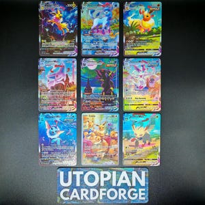 Pacote de 9 cartas Evolving Skies Eeveelutions VMAX • Proxy/Orica feito à mão • Com padrão de textura e arco-íris Holo Umbreon, Espeon, Leafeon