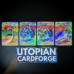 May include: Four collectible trading cards with fantasy creature illustrations. The cards feature Japanese text and the names Mega Brave, Inferno X, and Mega Symhponia. A blue and white sign at the bottom reads UTOPIAN CARDFORGE.