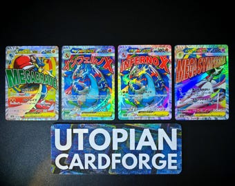 May include: Four collectible trading cards featuring colorful illustrations of fantasy creatures. The cards have Japanese text and the names Mega Brave, Inferno X, and Mega Symhponia. A blue and white sign at the bottom reads UTOPIAN CARDFORGE.