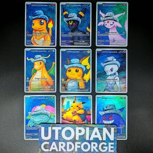 Lot de 9 cartes Umbreon avec chapeau en feutre gris • Proxy/Orica fait main • Cartes d'illustration personnalisées • Avec motifs de texture et holographie arc-en-ciel